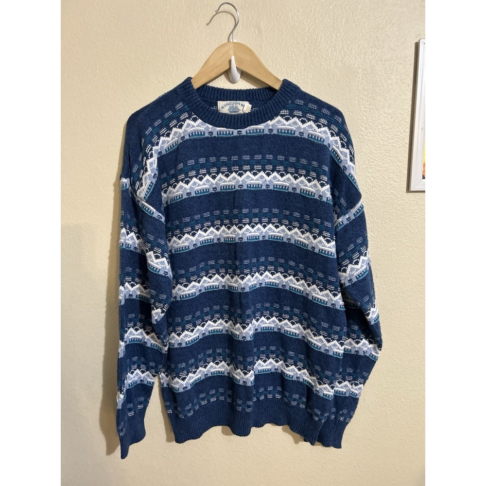 Vintage 90s Hampton Bay Nordic Fair Isle Sweater Made in USA Blue Cotton Ski L